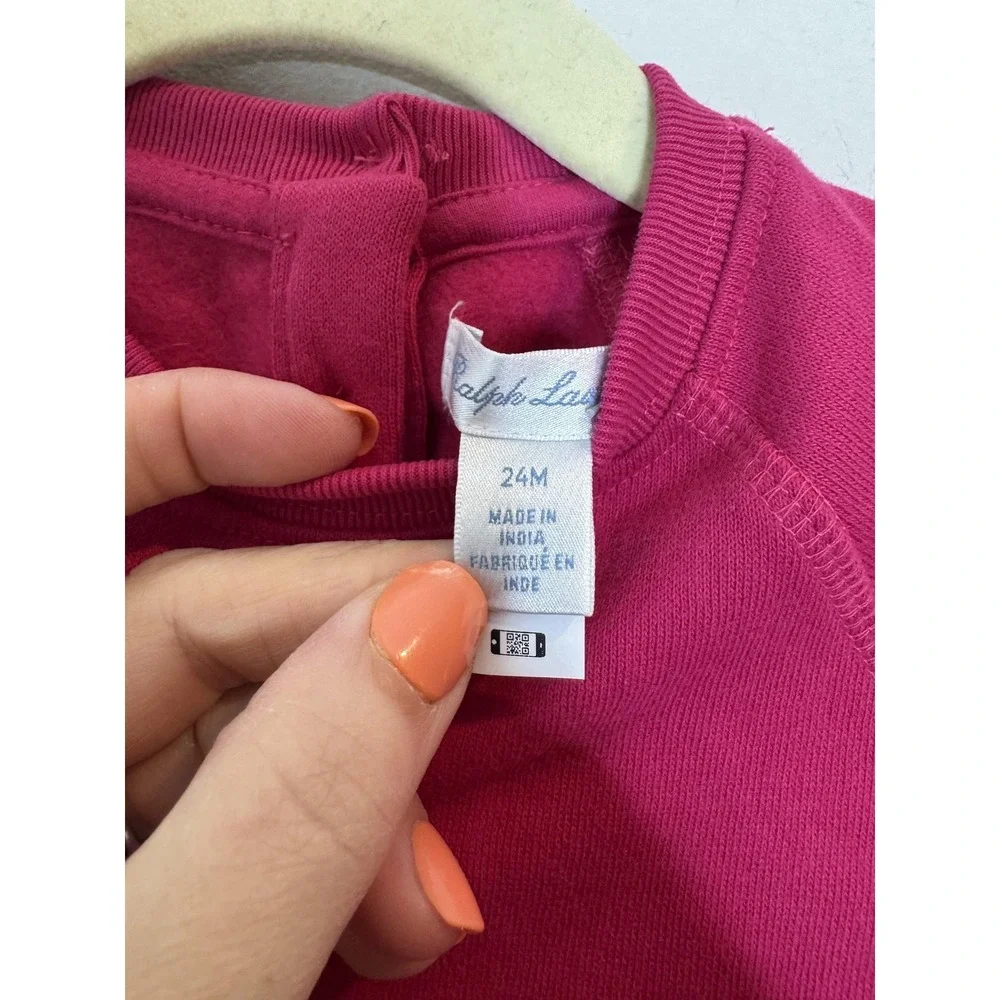 Ralph Lauren Sweater Dress Girls 24M Pink Fleece Kangaroo Pocket Ruffle